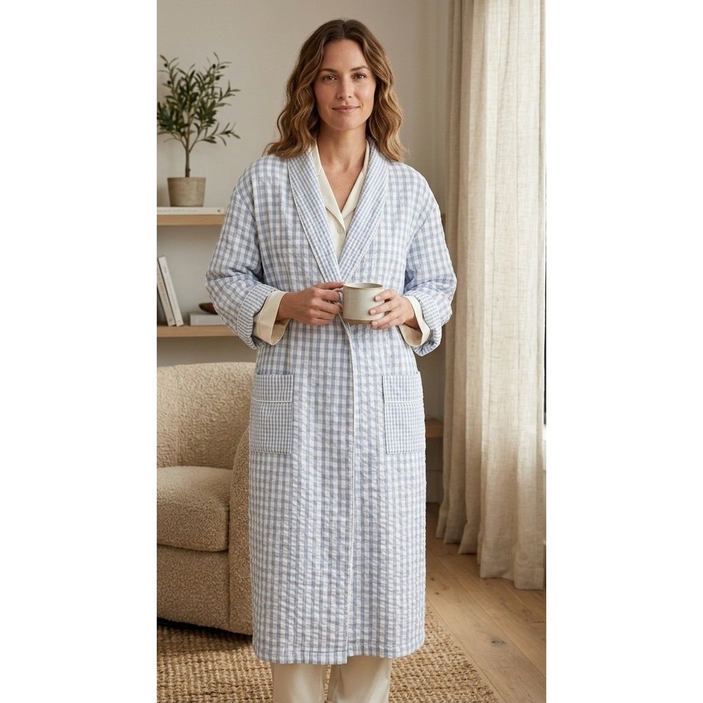 Talbots Intimates Gingham‎ Seersucker Robe Women's Small Long Sleeve Belted Cozy